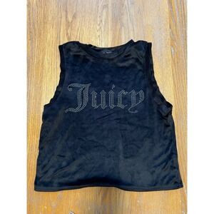 Juicy Couture Black Velour Rhinestone Logo Muscle Tank Top Cropped Y2K XL